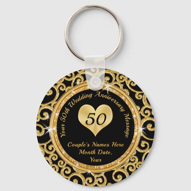 Black and Gold 50th Wedding Anniversary Souvenirs Key Ring (Front)