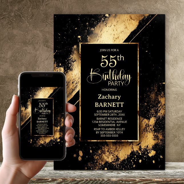 Black and Gold 55th Birthday Party Invitation (Creator Uploaded)