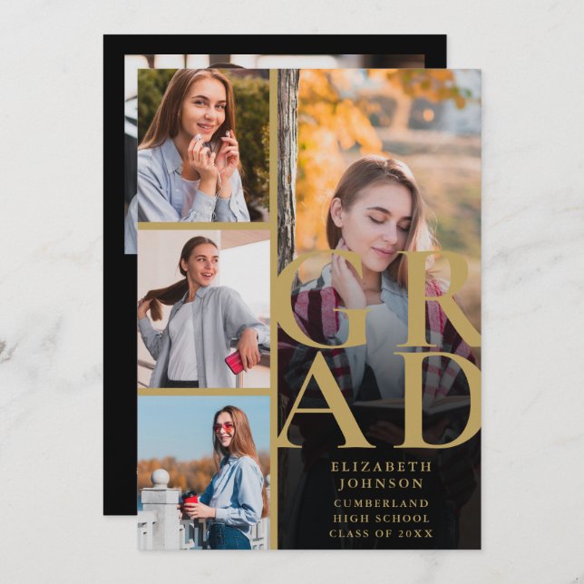 Black And Gold 5 Photo Graduation Announcement (Front/Back)