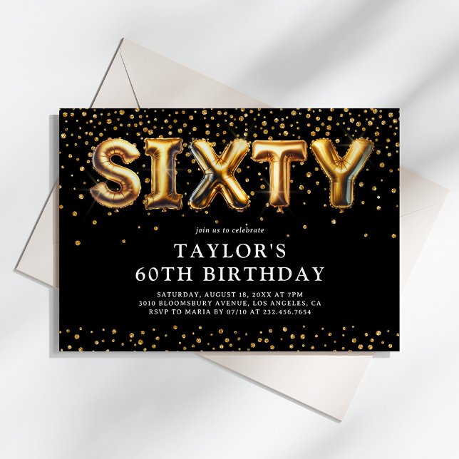 Black and Gold 60th Birthday Balloons Invitation (Creator Uploaded)