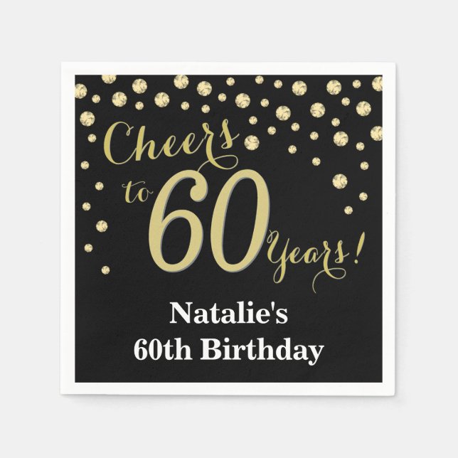Black and Gold 60th Birthday Diamond Napkin (Front)