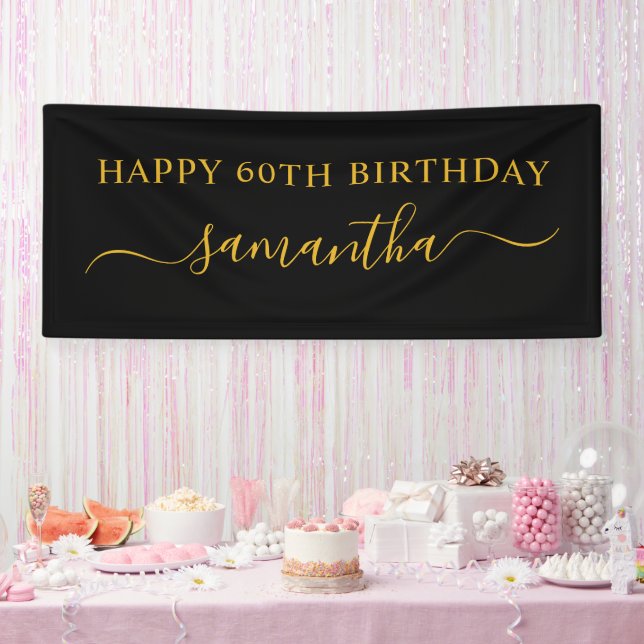 Black and Gold 60th Birthday Elegant Swash Name Banner (Party)