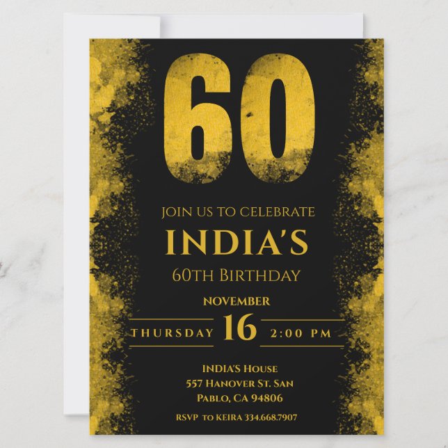 Black And Gold 60th Birthday Party Invitation (Front)