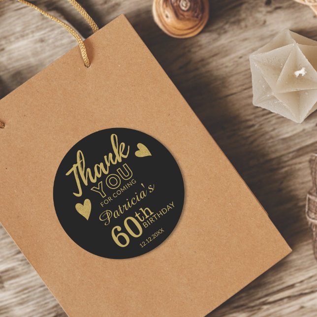 Black And Gold 60th Birthday Thank You Favour  Classic Round Sticker (Creator Uploaded)