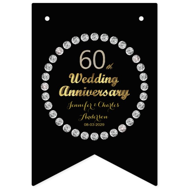 Black and Gold 60th Diamond Wedding Anniversary Bunting (First Flag)
