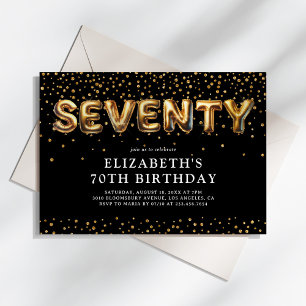 Black and Gold 70th Birthday Balloons Invitation