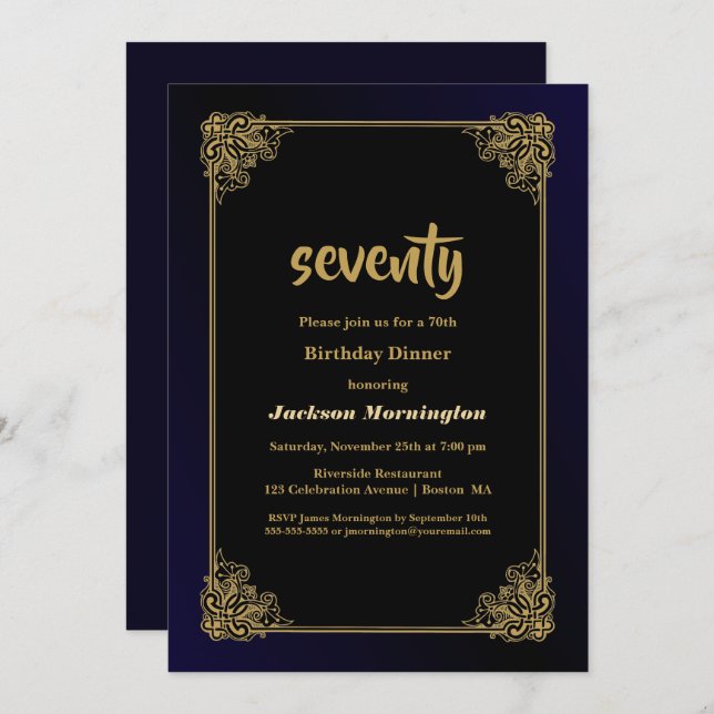 Black and Gold 70th Birthday Dinner Invitation (Front/Back)