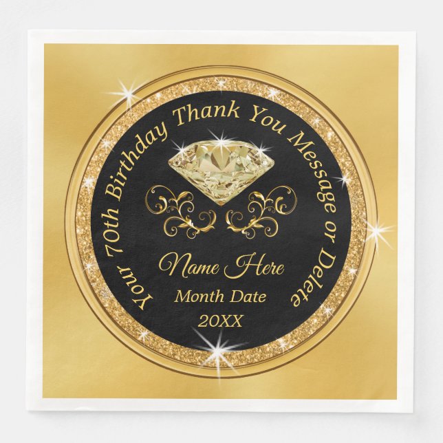 Black and Gold 70th Napkins, Birthday, Anniversary Napkin (Front)