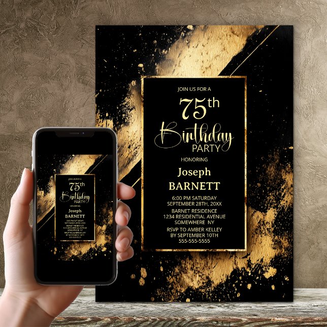 Black and Gold 75th Birthday Party Invitation (Creator Uploaded)