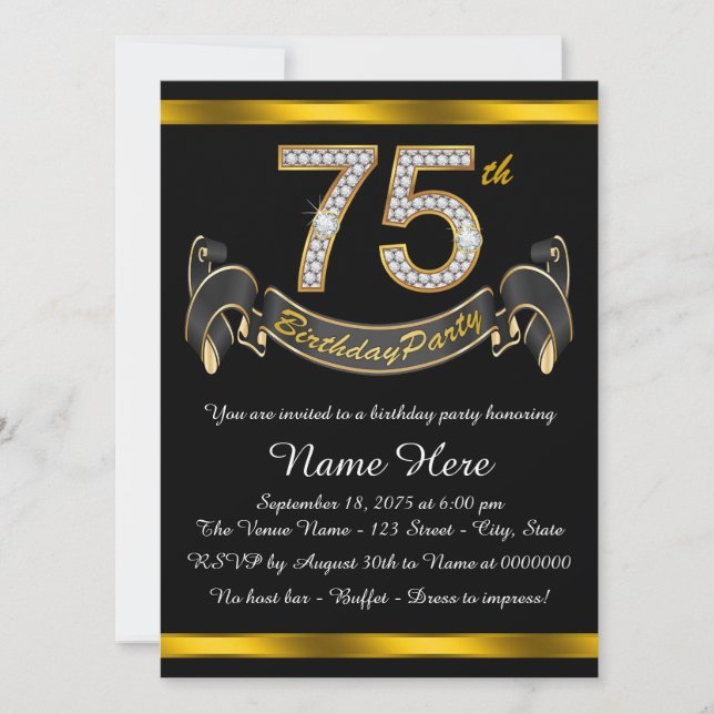 Black and Gold 75th Birthday Party Invitation (Front)