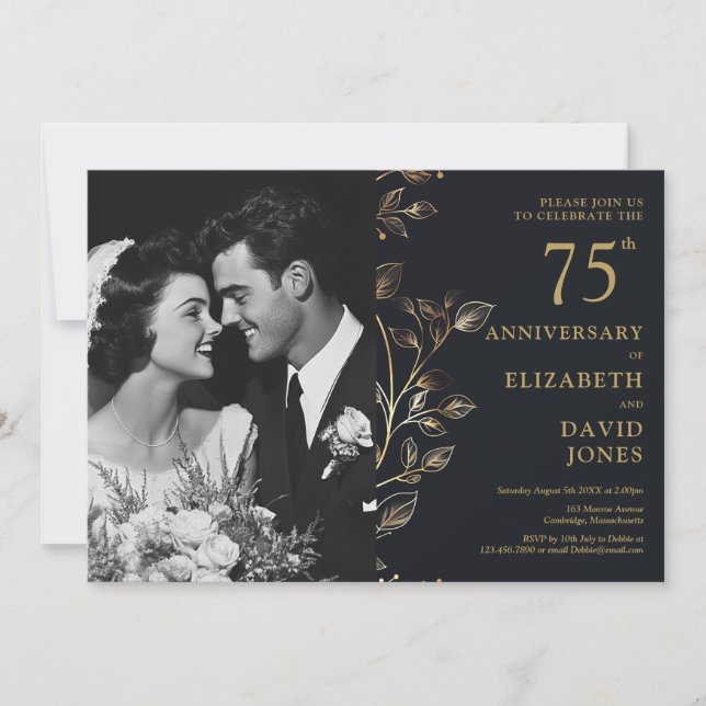 Black And Gold 75th Wedding Anniversary Photo Invitation (Front)