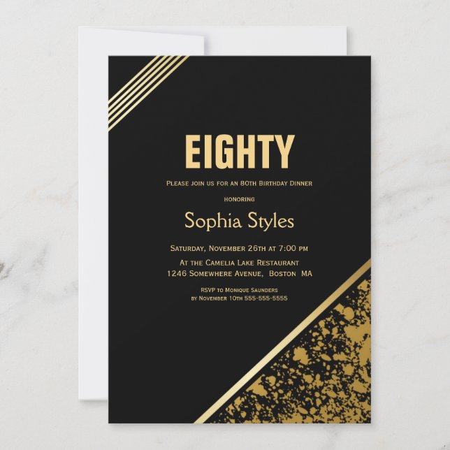 Black and Gold 80th Birthday Dinner Party Invitation (Front)