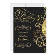 Black and Gold 80th Birthday Party Invitation
