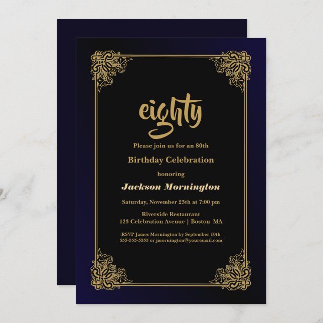 Black and Gold 80th Birthday Party Invitation (Front/Back)
