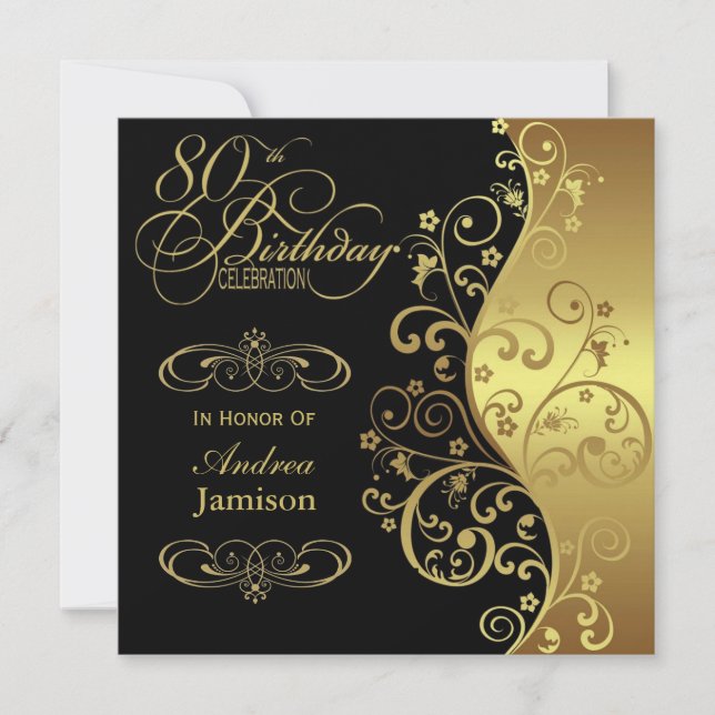Black and Gold 80th Birthday Party Invitation (Front)