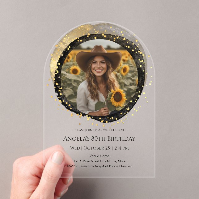 Black and Gold 80th Birthday Photo Acrylic Invitations (Insitu (Handheld))