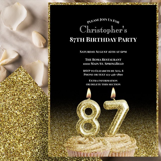 Black and Gold 87th Birthday Invitation For Him (Creator Uploaded)