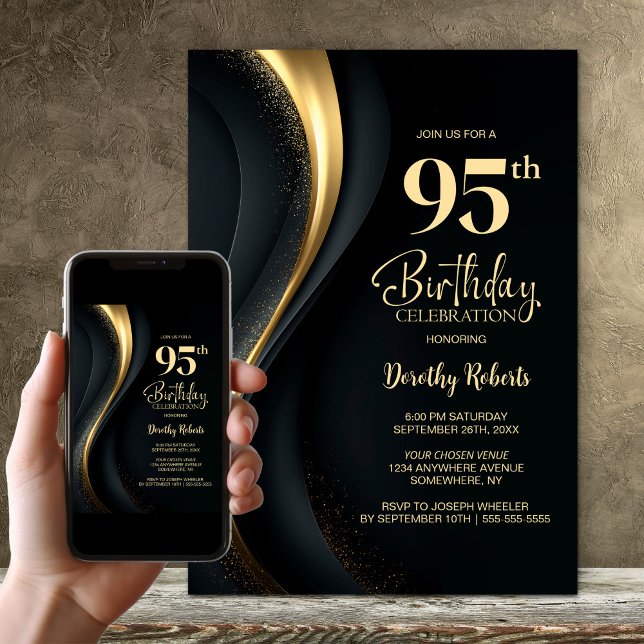 Black and Gold 95th Birthday Party Invitation (Creator Uploaded)