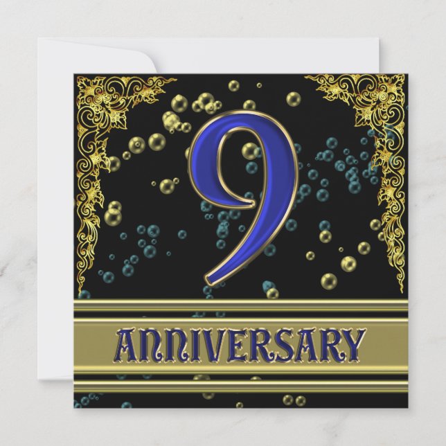 Black and Gold 9th Anniversary party Invitation (Front)