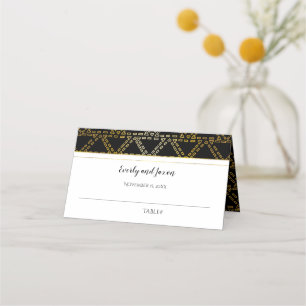 Black and Gold Abstract Geometric Triangle Wedding Place Card