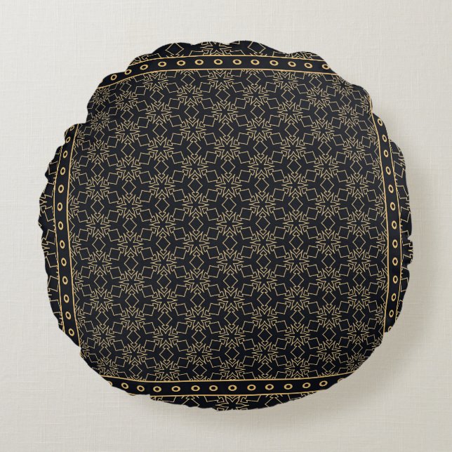 Black and gold abstract graphic pattern. Geometric Round Cushion (Front)