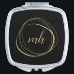 Black and Gold Abstract Monogram Compact Mirror<br><div class="desc">Chic personalised compact mirror features a black background with your initial(s) or monogram in modern calligraphy script,  encircled by an abstract circle element in faux gold foil.</div>