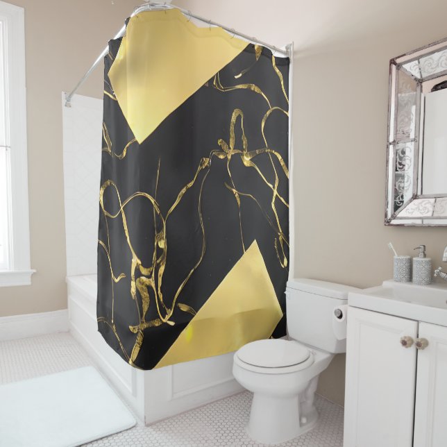 Black and Gold Abstract Pattern Shower Curtain (In Situ)
