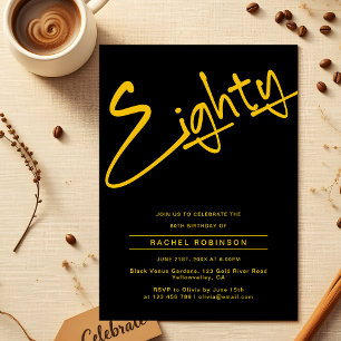 Black and Gold Adult Eighty 80th Birthday Party Invitation
