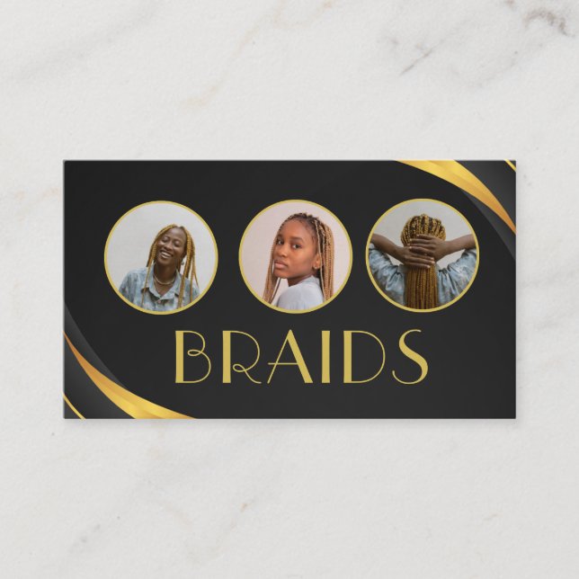 Black and Gold African Braiding Braids Photo Business Card (Front)