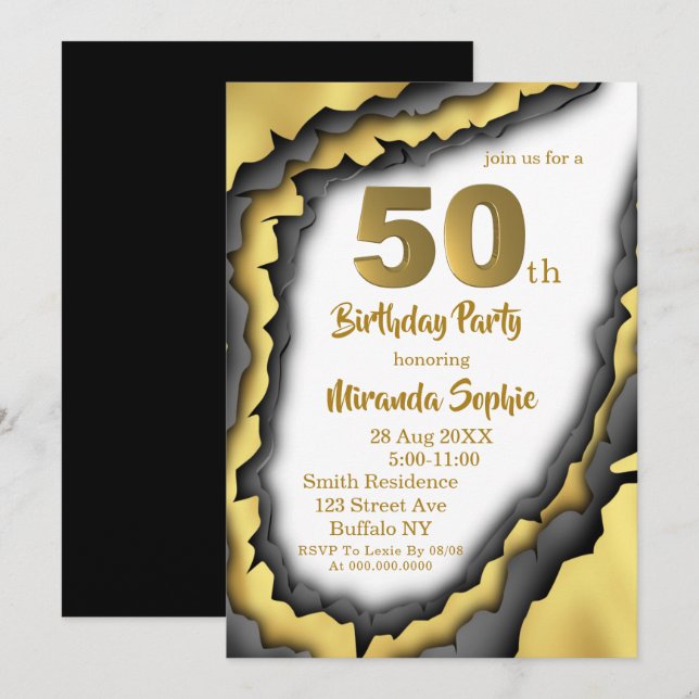 Black and Gold Agate 50th Birthday Invitations  (Front/Back)