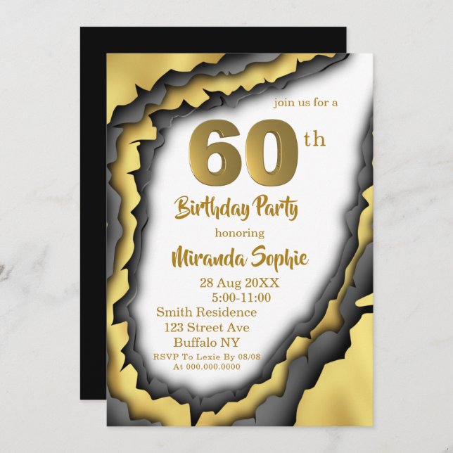 Black and Gold Agate 60th Birthday Invitations  (Front/Back)