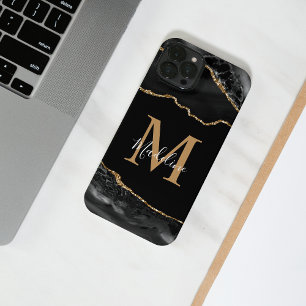 Black and Gold Agate Geode Monogram iPhone 14 Case