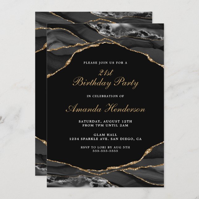 Black and Gold Agate Marble Invitation (Front/Back)