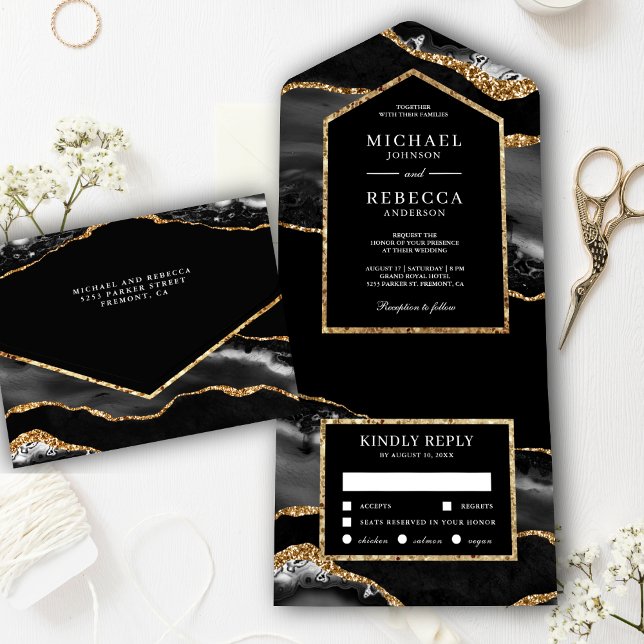 Black and Gold Agate Marble Wedding All In One Invitation (Creator Uploaded)