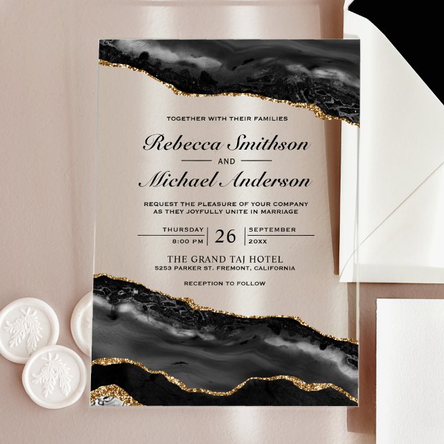 Black and Gold Agate Marble Wedding Invitation (Creator Uploaded)
