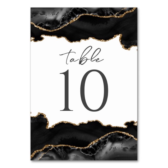 Black and Gold Agate Wedding Table Card (Front)
