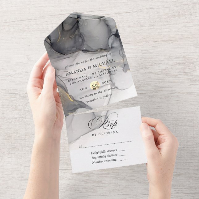 Black and Gold Alcohol Ink Wedding All In One Invitation (Tearaway)