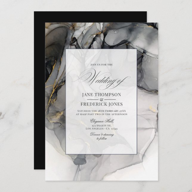 Black and Gold Alcohol Ink Wedding Invitation (Front/Back)