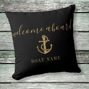 Black And Gold Anchor Boat Name Welcome Aboard Cushion