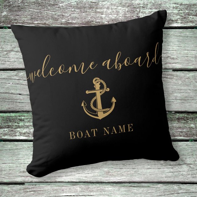 Black And Gold Anchor Boat Name Welcome Aboard Cushion (Creator Uploaded)