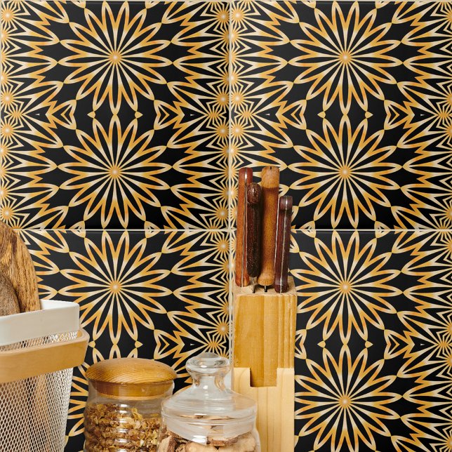 Black and Gold Arabesque Kaleidoscope Mosaic Ceramic Tile (Creator Uploaded)