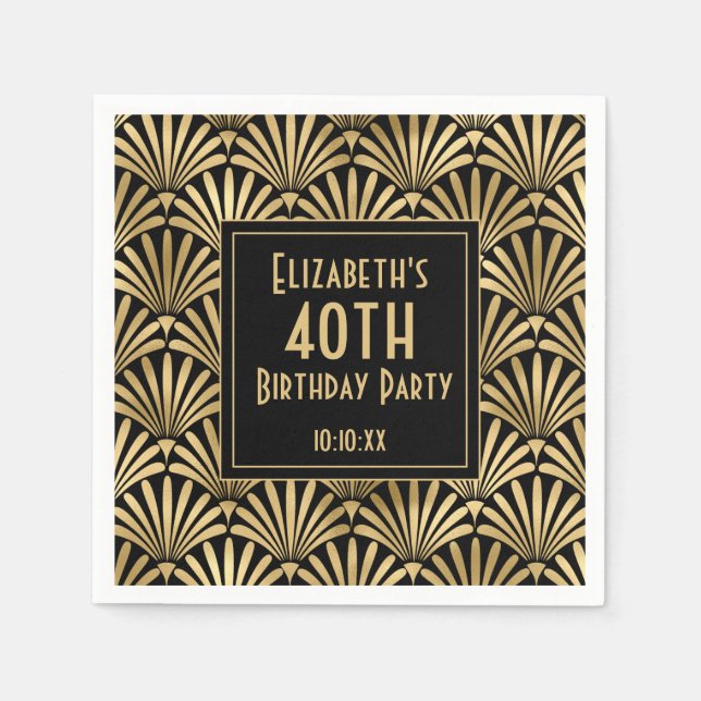 Black and Gold Art Deco 40th Birthday Party Napkin (Front)