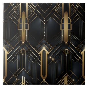 Black and Gold Art Deco Architectural Lines Ceramic Tile