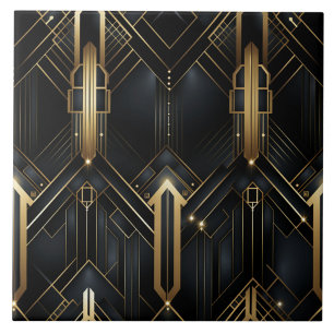 Black and Gold Art Deco Architectural Lines Ceramic Tile