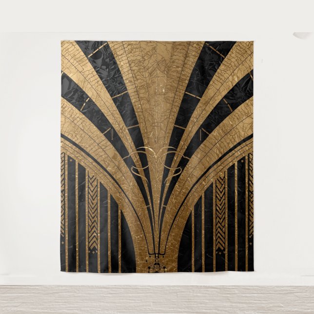 Black and Gold Art Deco Backdrop Tapestry (Front)
