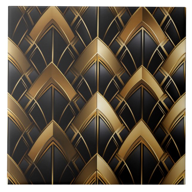 Black and Gold Art Deco Chevron Pattern Ceramic Tile (Front)