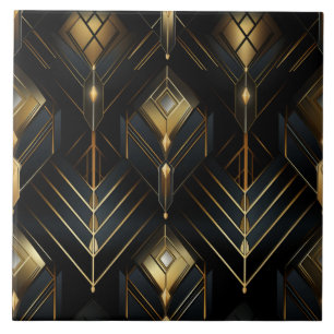 Black and Gold Art Deco Diamond Drops Ceramic Tile