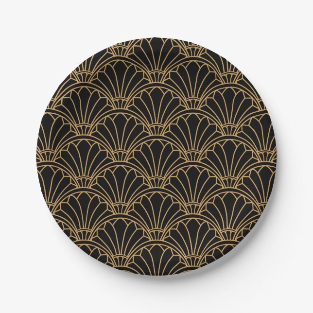 Black and Gold Art Deco Fan Flowers Motif Paper Plate (Front)