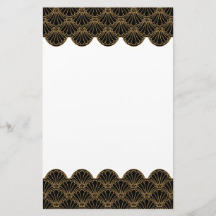 Black and Gold Art Deco Fan Flowers Motif Stationery