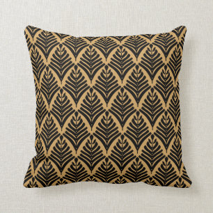 Black and Gold Art Deco Fan Flowers Pattern Cushion